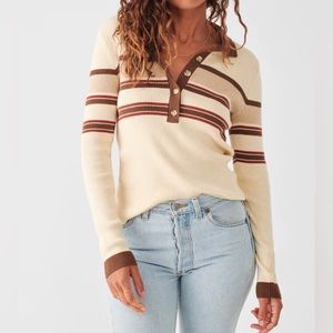 LAST ONE Faherty NWT Mikki Henley Polo Collar Sweater Top Retro Brown Stripe XS